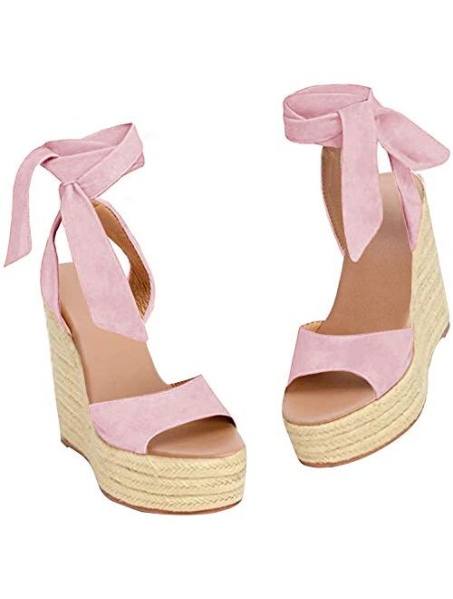 Fashare Womens Open Toe Tie Lace Up Espadrille Platform Wedges Sandals Ankle Strap Slingback Dress Shoes