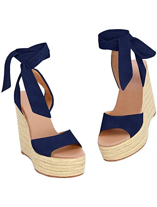 Fashare Womens Open Toe Tie Lace Up Espadrille Platform Wedges Sandals Ankle Strap Slingback Dress Shoes