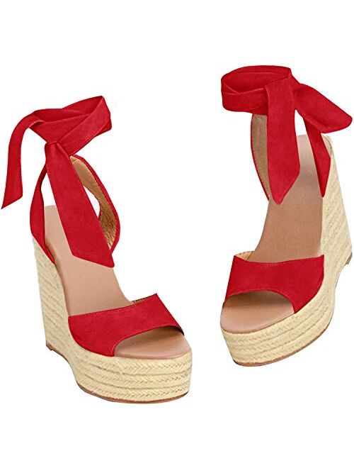 Fashare Womens Open Toe Tie Lace Up Espadrille Platform Wedges Sandals Ankle Strap Slingback Dress Shoes