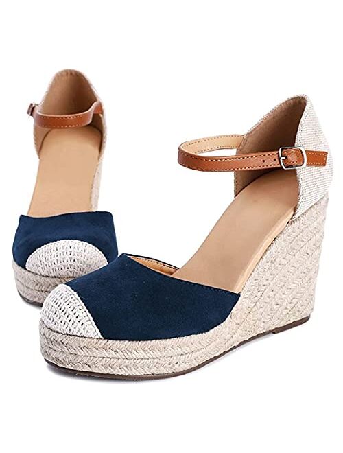 Fashare Womens Closed Toe Espadrilles Wedge Shoes Platform Heel Ankle Strap Dress Sandals