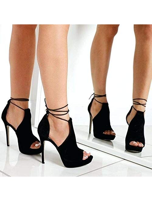 Fashare Womens Peep Toe Platform Heels Sandals Lace Up Tie Sexy Stilettos Dress Pumps Shoes