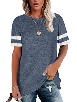 Womens Crewneck Short Sleeve Shirts Raglan Striped Color Block Baseball Tee Tunic Tops