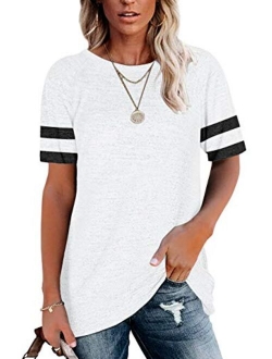 Womens Crewneck Short Sleeve Shirts Raglan Striped Color Block Baseball Tee Tunic Tops