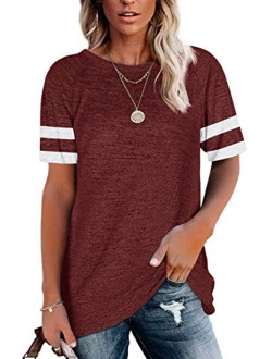 Womens Crewneck Short Sleeve Shirts Raglan Striped Color Block Baseball Tee Tunic Tops