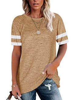 Womens Crewneck Short Sleeve Shirts Raglan Striped Color Block Baseball Tee Tunic Tops