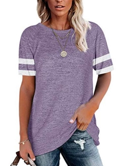 Womens Crewneck Short Sleeve Shirts Raglan Striped Color Block Baseball Tee Tunic Tops