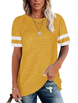 Womens Crewneck Short Sleeve Shirts Raglan Striped Color Block Baseball Tee Tunic Tops