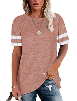 Womens Crewneck Short Sleeve Shirts Raglan Striped Color Block Baseball Tee Tunic Tops