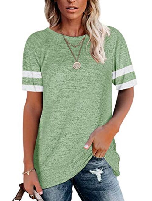 Fashare Womens Crewneck Short Sleeve Shirts Raglan Striped Color Block Baseball Tee Tunic Tops