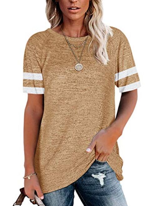 Fashare Womens Crewneck Short Sleeve Shirts Raglan Striped Color Block Baseball Tee Tunic Tops