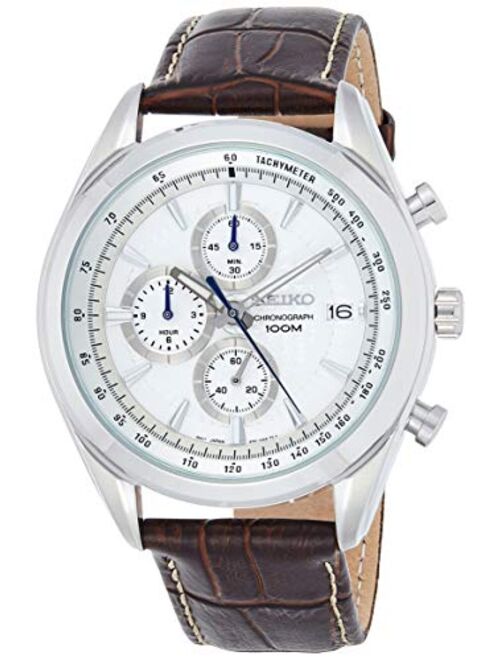 Seiko Chronograph SSB181 Silver Tone Dial Brown Leather Band Men's Watch