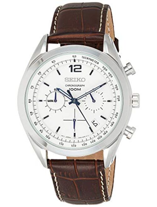 Seiko Chronograph White Dial Stainless Steel Brown Leather Mens Watch SSB095