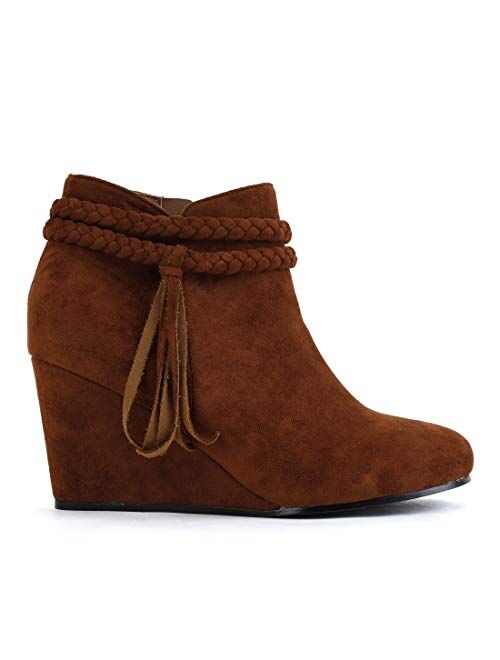 Fashare Womens Wedge Ankle Boots Braided Fringe Strap Western Heeled Winter Booties Shoes