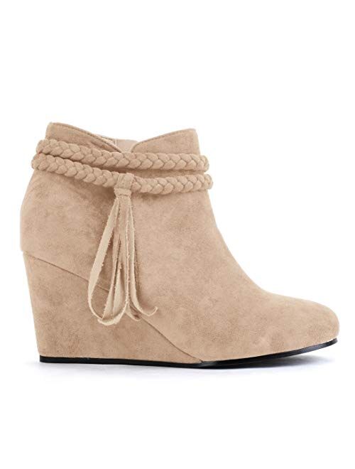 Fashare Womens Wedge Ankle Boots Braided Fringe Strap Western Heeled Winter Booties Shoes