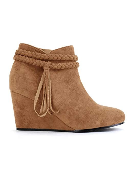 Fashare Womens Wedge Ankle Boots Braided Fringe Strap Western Heeled Winter Booties Shoes