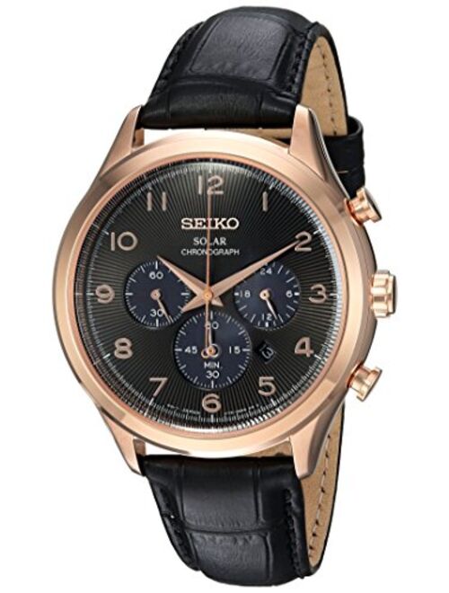 Seiko Men's Solar Chronograph Stainless Steel Japanese-Quartz Watch with Leather Calfskin Strap, Black, 21 (Model: SSC566)