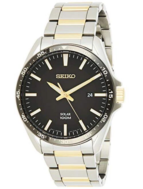 Seiko Men's 43mm Two Tone Steel Bracelet Steel Case Hardlex Crystal Solar Black Dial Analog Watch SNE485P1