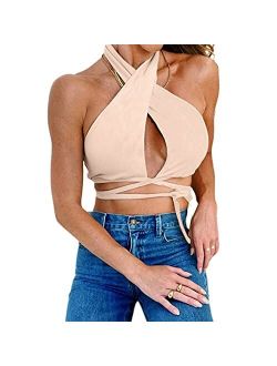 Womens Sexy Bandage Halter Crop Top Sleeveless Backless Y2K Knitted Vest Criss Cross Top Summer Fashion Clothes