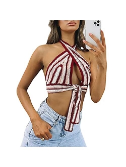 Womens Sexy Bandage Halter Crop Top Sleeveless Backless Y2K Knitted Vest Criss Cross Top Summer Fashion Clothes