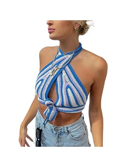 Womens Sexy Bandage Halter Crop Top Sleeveless Backless Y2K Knitted Vest Criss Cross Top Summer Fashion Clothes