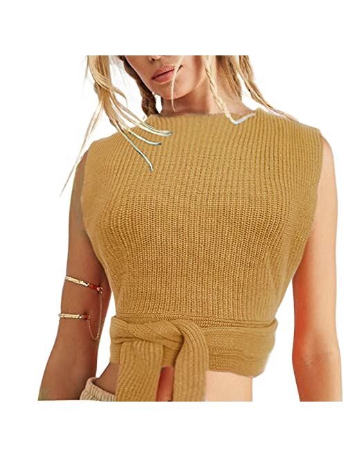 Womens Sexy Bandage Halter Crop Top Sleeveless Backless Y2K Knitted Vest Criss Cross Top Summer Fashion Clothes