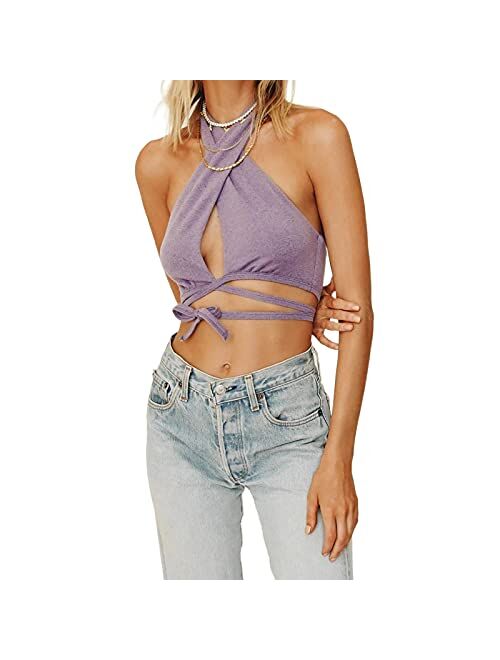 Womens Sexy Bandage Halter Crop Top Sleeveless Backless Y2K Knitted Vest Criss Cross Top Summer Fashion Clothes