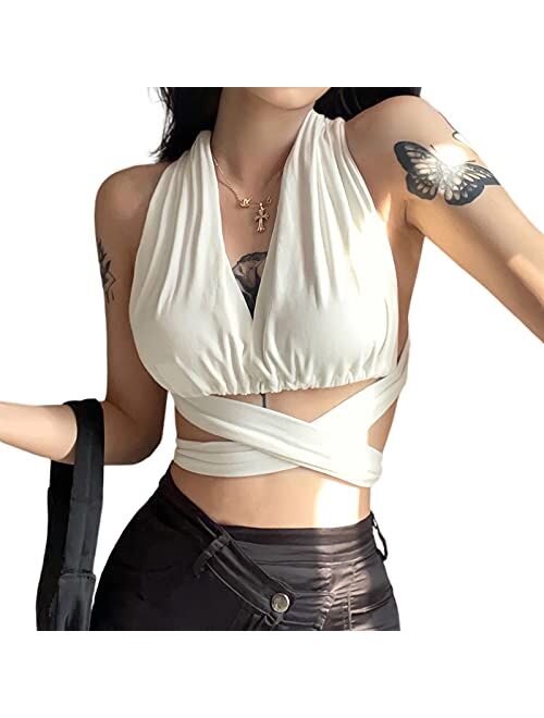 Womens Sexy Bandage Halter Crop Top Sleeveless Backless Y2K Knitted Vest Criss Cross Top Summer Fashion Clothes