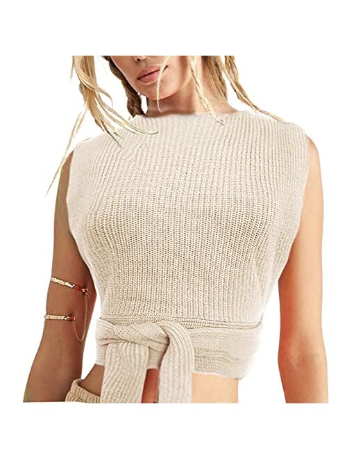 Womens Sexy Bandage Halter Crop Top Sleeveless Backless Y2K Knitted Vest Criss Cross Top Summer Fashion Clothes