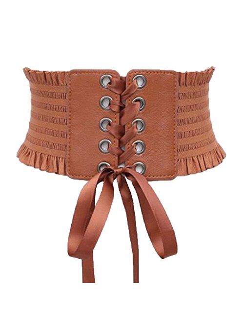 Womens Wide Elastic Lace-up Waist Belt Adjustable Leather Cinch Corset Waistband