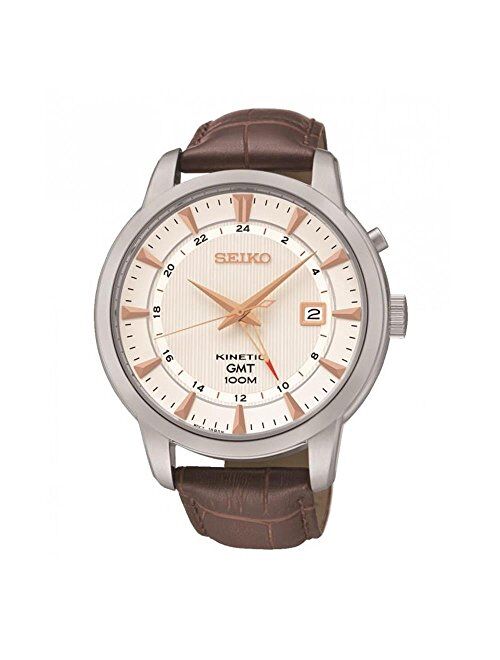 Seiko SUN035P1 Men's Kinetic Gmt,Steel Case & Brown Leather,100m WR,SUN035