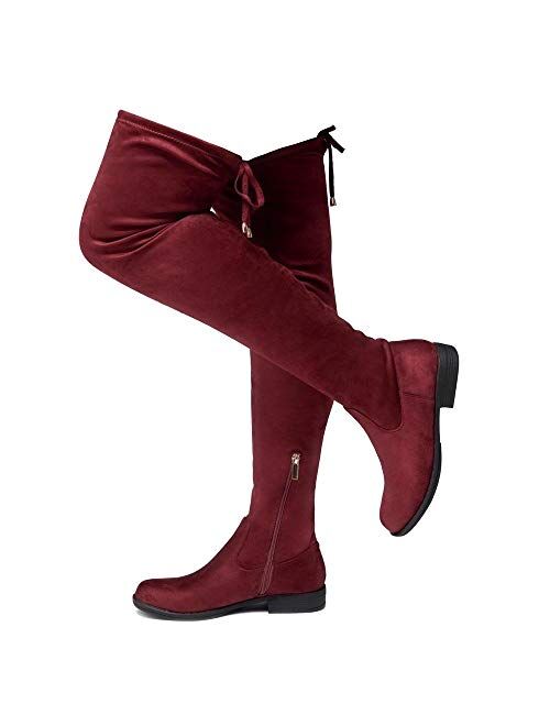 Herstyle Secret Obsession Women’s Thigh High Stretchy Boots Block Heel Side Zipper Back Lace Over The Knee Casual Boots