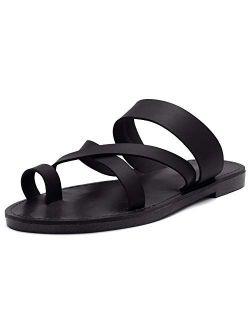 Donnoddi Womens Slip on Flip Flops Toe Ring Slides Comfort Flat Summer Sandals