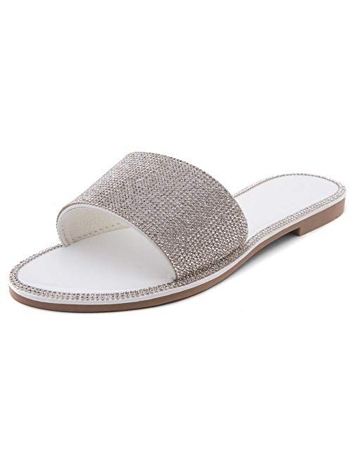 Herstyle Showstopper Women’s Rhinestone Open Toe Flat Sandals Glitter Slides Slip on Shoes