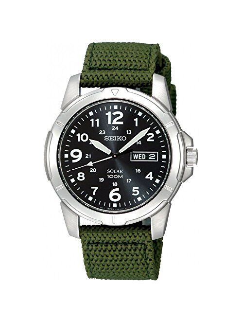 Seiko Stainless Steel Solar Quartz Black Dial Green Nylon Strap