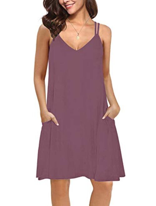 Moyabo Women's Summer V Neck Double Spaghetti Strap Casual Swing Tank Beach Cover Up Dress with Pockets