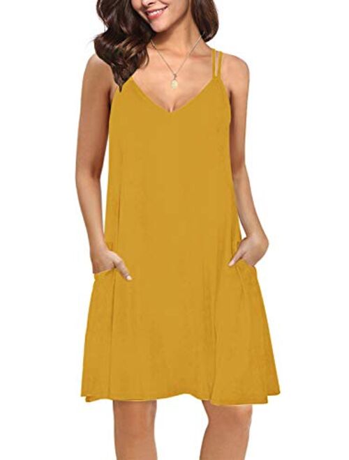 Moyabo Women's Summer V Neck Double Spaghetti Strap Casual Swing Tank Beach Cover Up Dress with Pockets