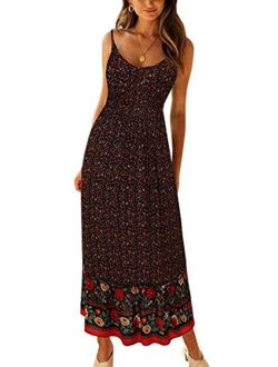 Angashion Women's Dresses Floral Adjustable Spaghetti Strap V Neck Boho Long Maxi Dress Casual Summer Beach Flowy Ethnic Sundress