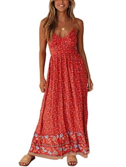 Angashion Women's Dresses Floral Adjustable Spaghetti Strap V Neck Boho Long Maxi Dress Casual Summer Beach Flowy Ethnic Sundress