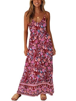 Angashion Women's Dresses Floral Adjustable Spaghetti Strap V Neck Boho Long Maxi Dress Casual Summer Beach Flowy Ethnic Sundress