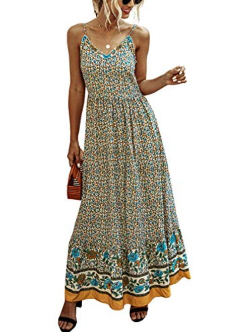 Angashion Women's Dresses Floral Adjustable Spaghetti Strap V Neck Boho Long Maxi Dress Casual Summer Beach Flowy Ethnic Sundress