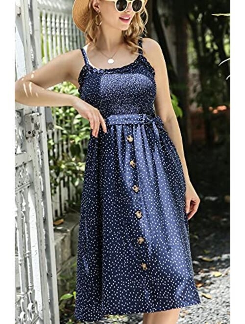 LOHILL Women's Summer Boho Polka Dots Spaghetti Strap Swing Casual Dress with Belt