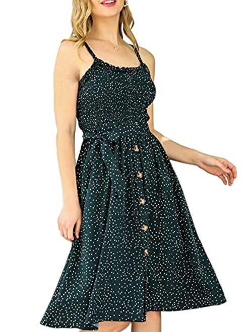 LOHILL Women's Summer Boho Polka Dots Spaghetti Strap Swing Casual Dress with Belt