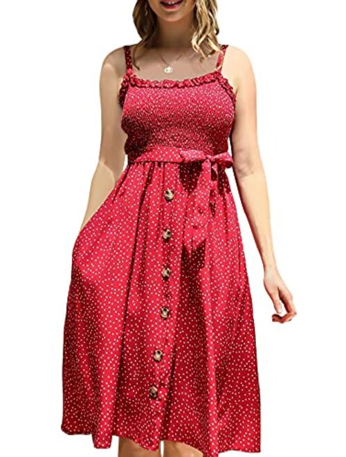 LOHILL Women's Summer Boho Polka Dots Spaghetti Strap Swing Casual Dress with Belt