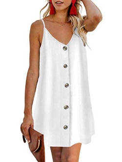 Feiersi Women Summer Spaghetti Strap Button Down V Neck Sleeveless Casual Mini Dress