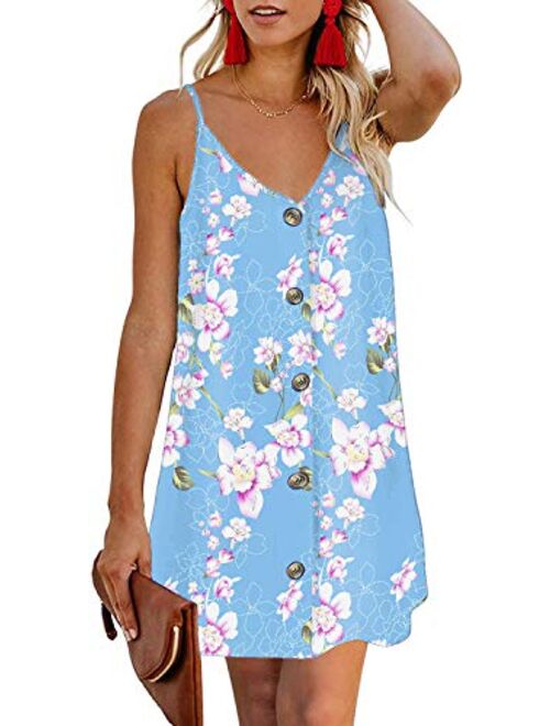 Feiersi Women Summer Spaghetti Strap Button Down V Neck Sleeveless Casual Mini Dress