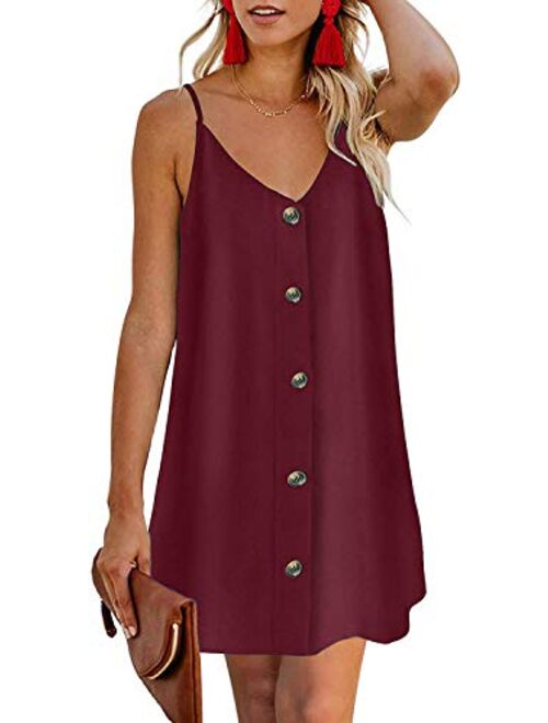 Feiersi Women Summer Spaghetti Strap Button Down V Neck Sleeveless Casual Mini Dress