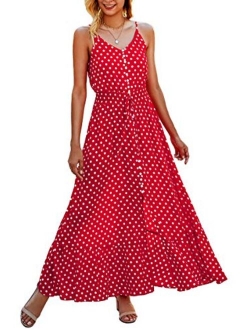 BTFBM Women Summer Spaghetti Strap V Neck Polka Dot Floral Print A-Line Button Down Casual Sleeveless Slit Maxi Dresses