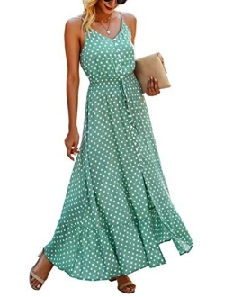 BTFBM Women Summer Spaghetti Strap V Neck Polka Dot Floral Print A-Line Button Down Casual Sleeveless Slit Maxi Dresses