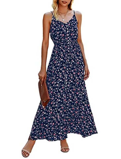 BTFBM Women Summer Spaghetti Strap V Neck Polka Dot Floral Print A-Line Button Down Casual Sleeveless Slit Maxi Dresses