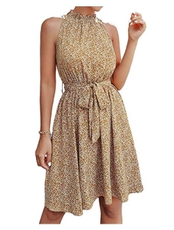 BTFBM Women Floral Dresses Casual Summer Sleeveless Halter Neck Ruffle Bottom Belt Boho Polka Dot Leopard Print Sun Short Dress